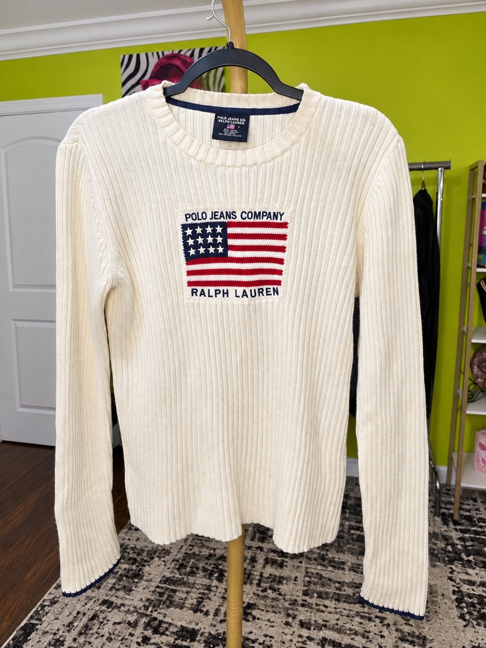 Polo by Ralph Lauren Cream Ribbed Crewneck Sweater with Flag Patch